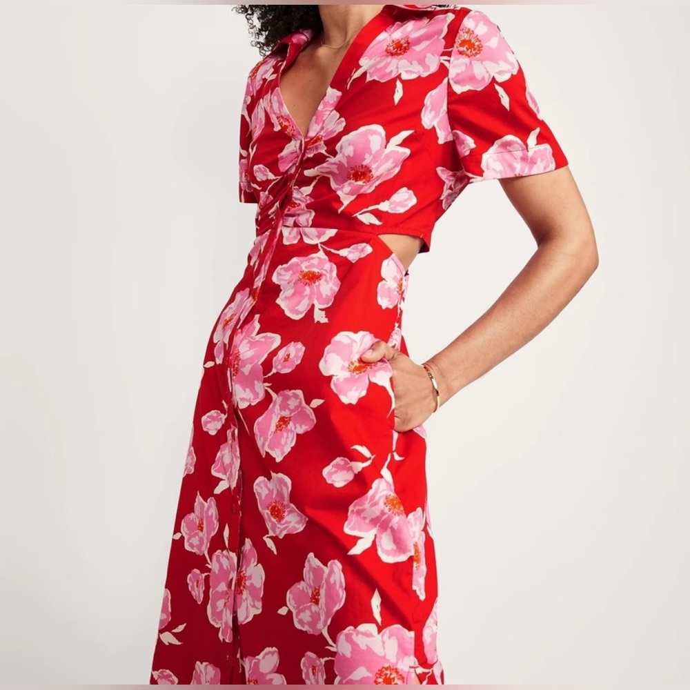 Old Navy Floral Midi Shirt Dress Short Sleeves with Pockets